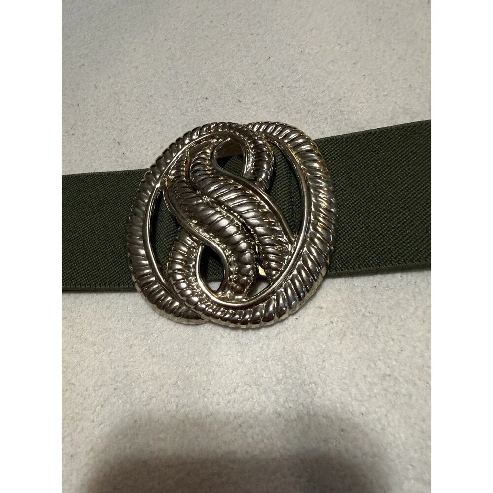 Olive Green Stretch Waist Belt Gold Tone Rope Knot Buckle Wide Elastic